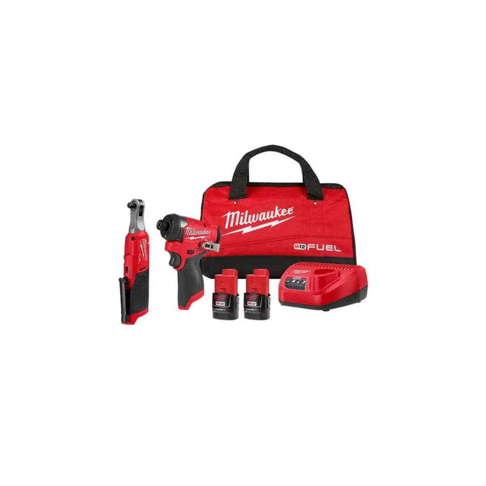 Milwaukee M12 FUEL 12V Lithium-Ion Cordless 3/8 in. Ratchet and 1/4 in. Impact Driver Kit (2-Tool) w/Batteries, Charger & Bag (3453-22HSR)