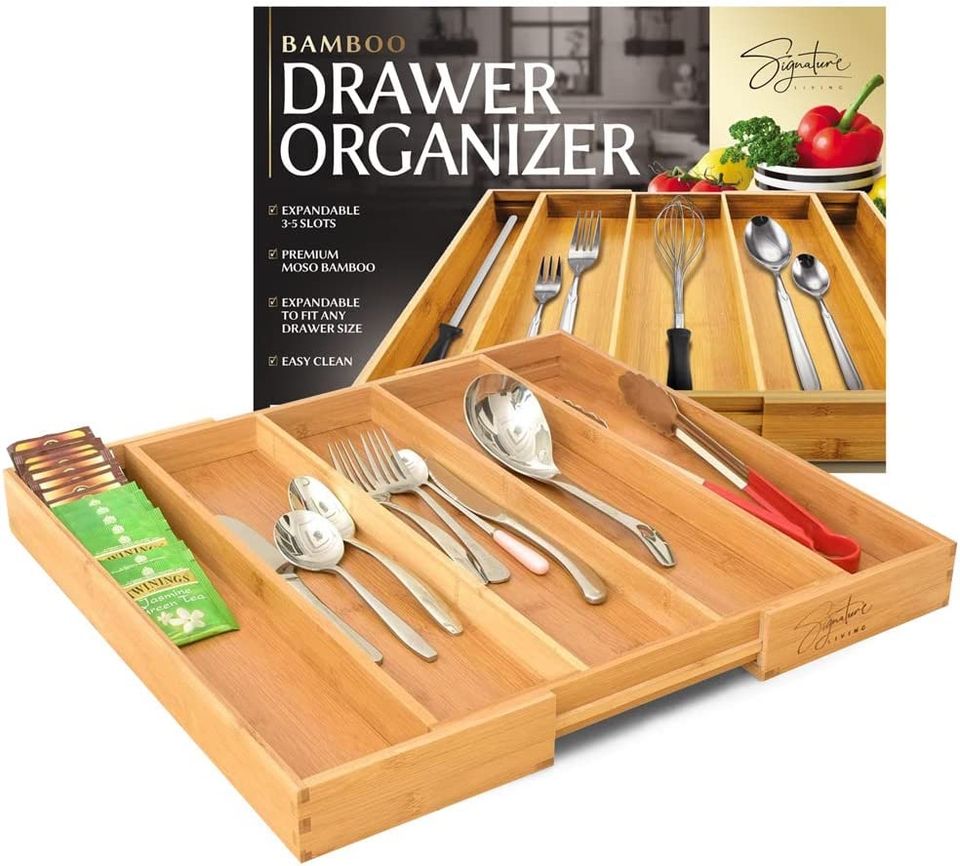 Signature Living Bamboo Expandable Utensil Drawer Organizer, Premium Bamboo