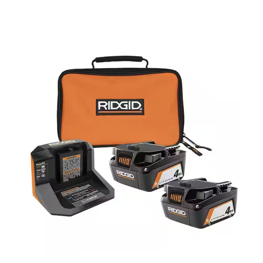 RIDGID 18V Lithium-Ion (2) 4.0 Ah Battery Starter Kit with Charger and Bag (1005-816-136)