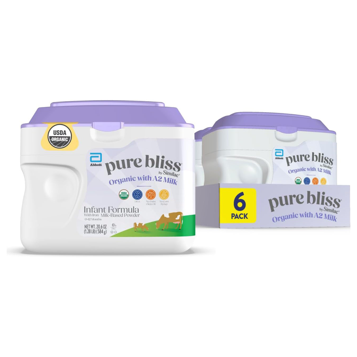 Pure Bliss by Similac Organic with A2 Milk Infant Formula, Easy to Digest, USDA-Certified Organic, Powder, 20.6-oz Tub, Pack of 6