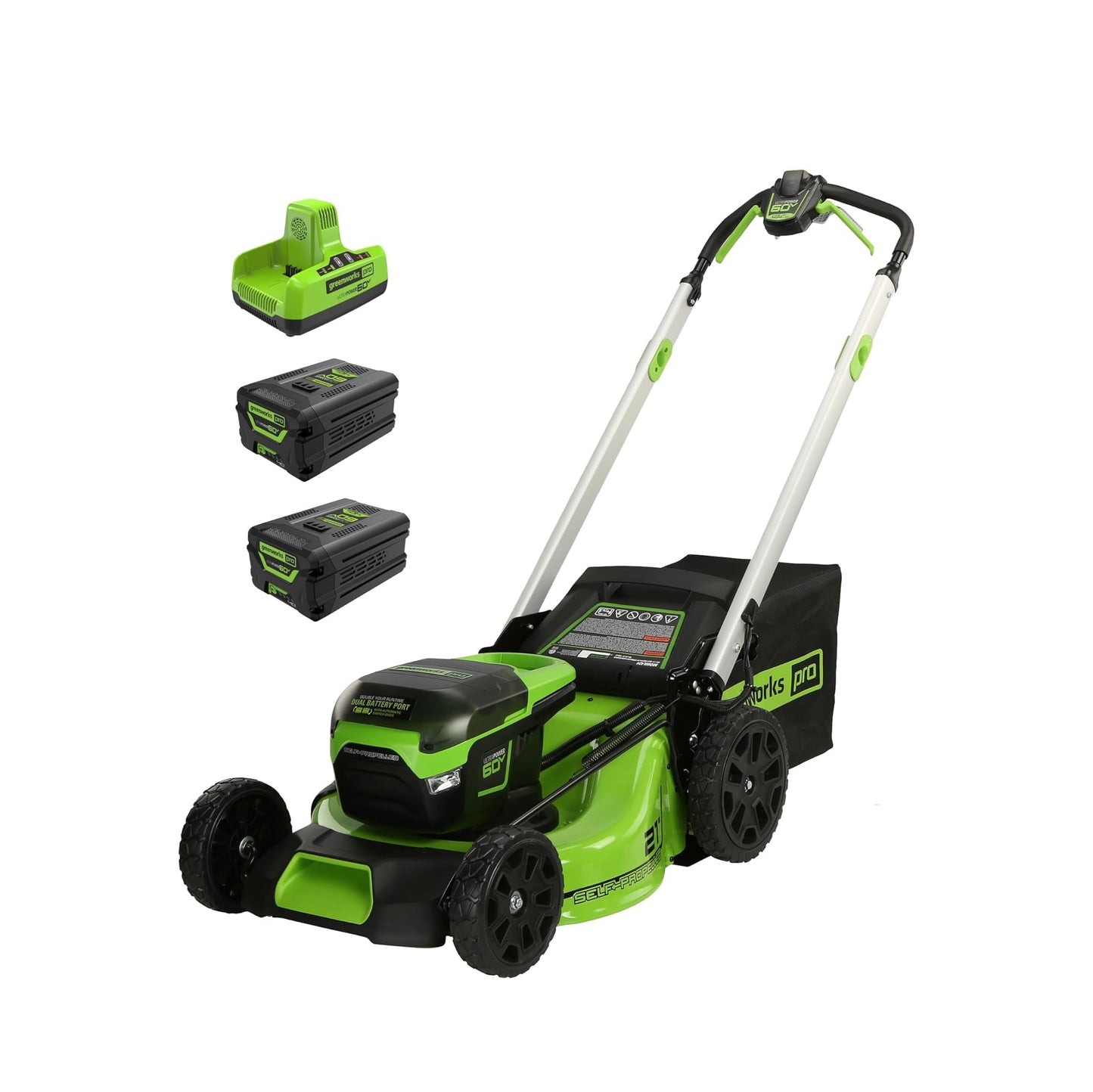 Greenworks 60V 21” Cordless (Self-Propelled) Lawn Mower (LED Lights + Aluminum Handles), 2 x 4.0Ah Batteries and Dual Port Rapid Charger (MO60L424)