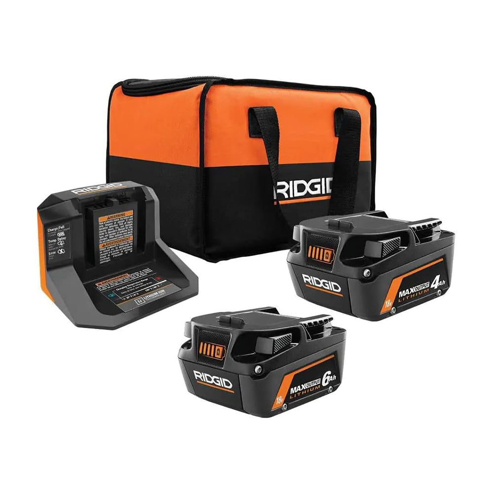 Ridgid 18V 6.0 Ah and 4.0 Ah MAX Output Lithium-Ion Batteries and Charger Kit with Bag (AC840060SB1)