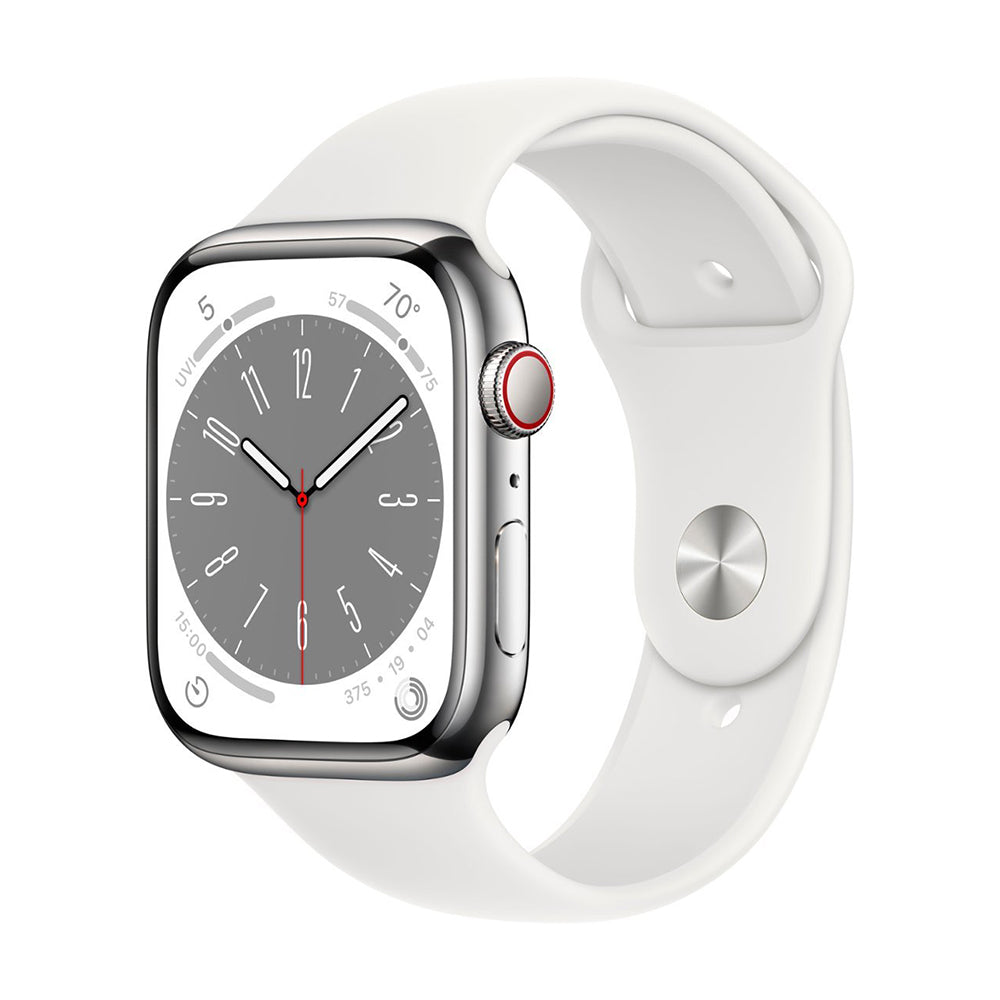 Apple Watch Series 8 GPS + Cellular 45mm Silver Stainless Steel Case with White Sport Band - Silver (MNVV3LL/A)