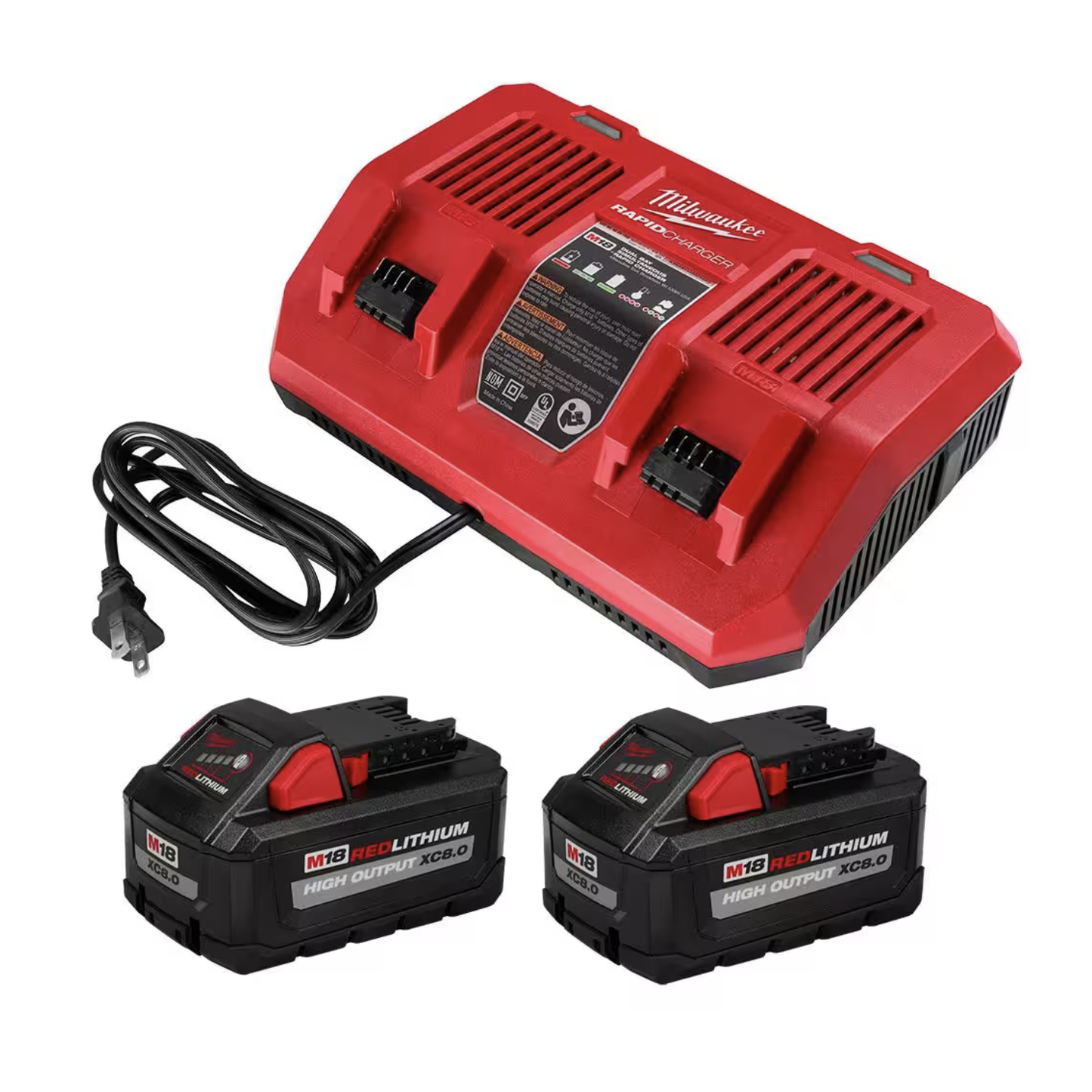 Milwaukee M18 18V Lithium-Ion Dual Bay Rapid Battery Charger w/ (2) 8Ah HIGH OUTPUT Batteries (48-59-1882)