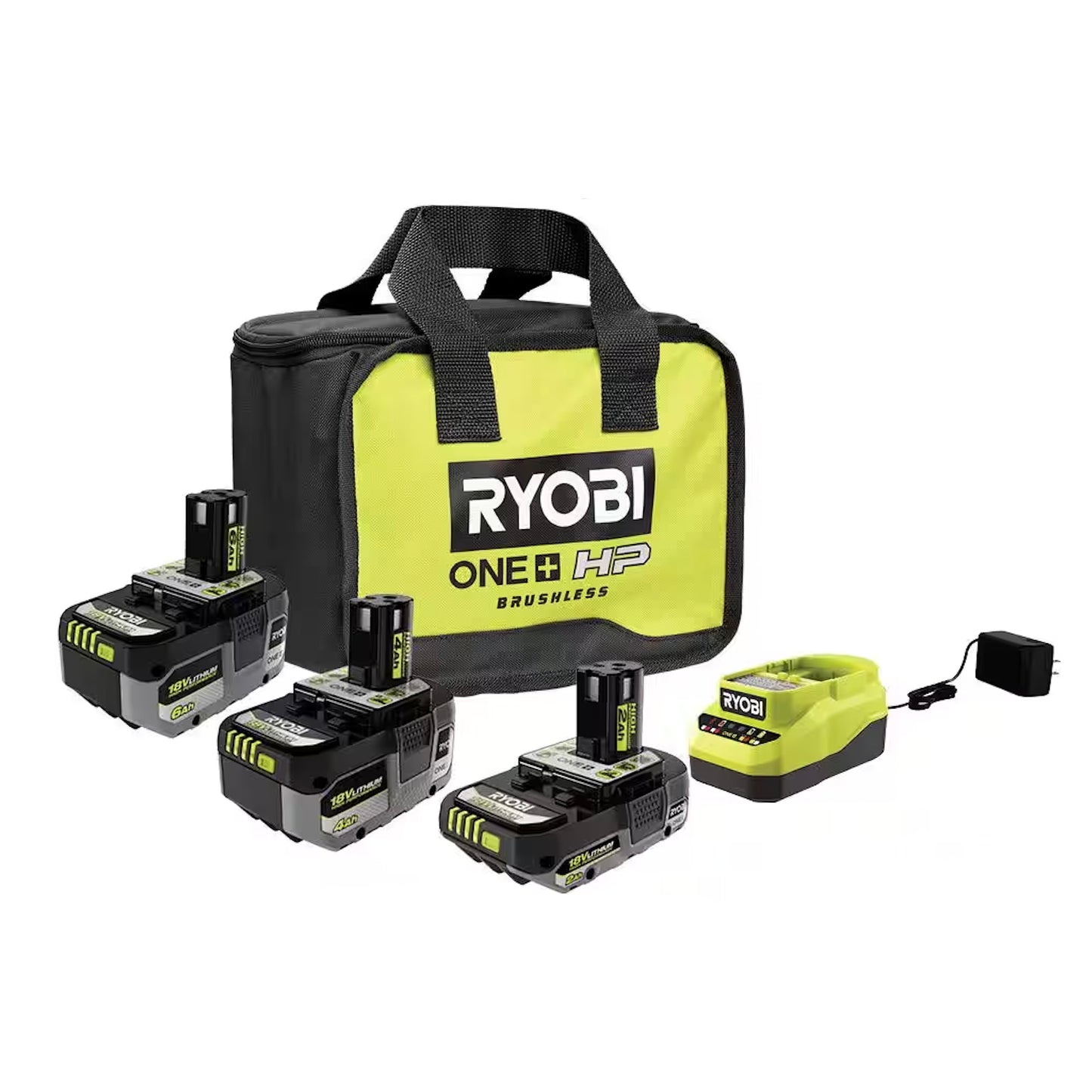RYOBI ONE+ 18V Lithium-Ion HIGH PERFORMANCE Starter Kit with 2.0 Ah Battery, 4.0 Ah Battery, 6.0 Ah Battery, Charger, and Bag (PSK007)