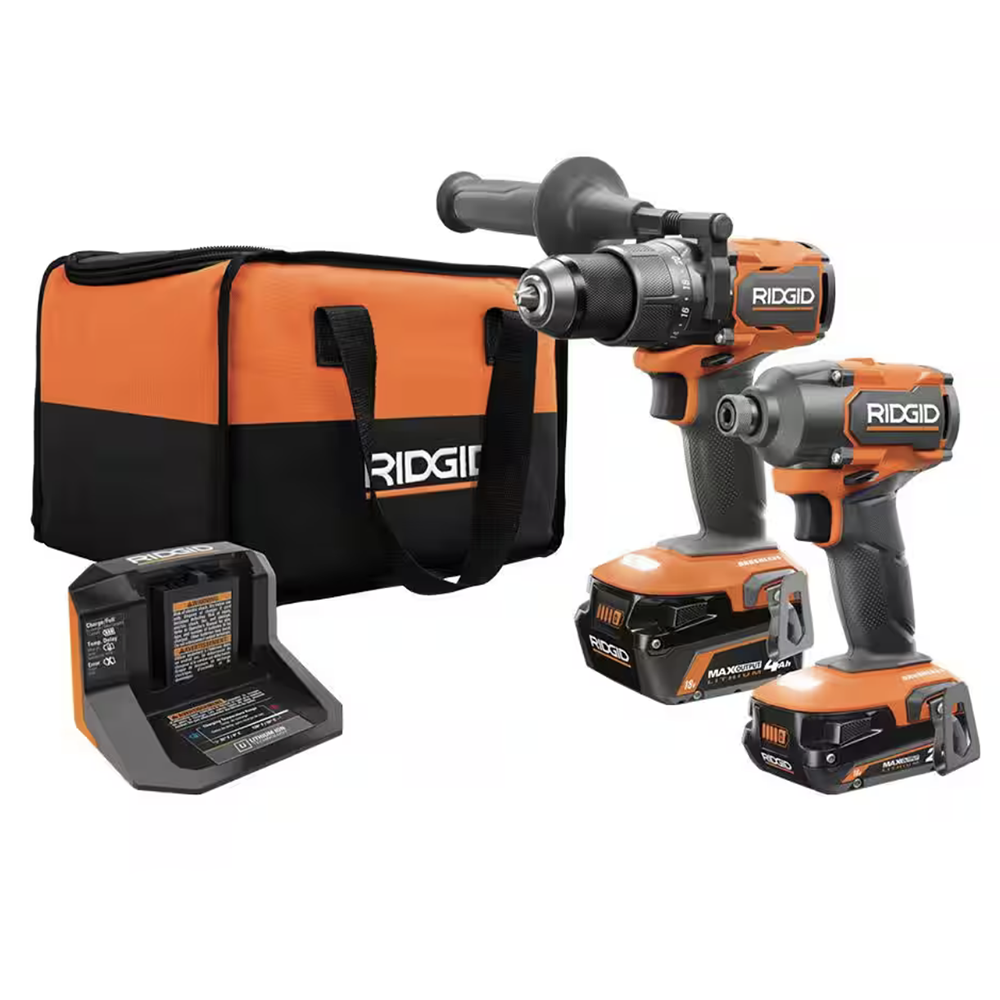 RIDGID 18V Brushless Cordless 2-Tool Combo Kit with Hammer Drill, Impact Driver, (2) Batteries, Charger, and Bag (R9208)