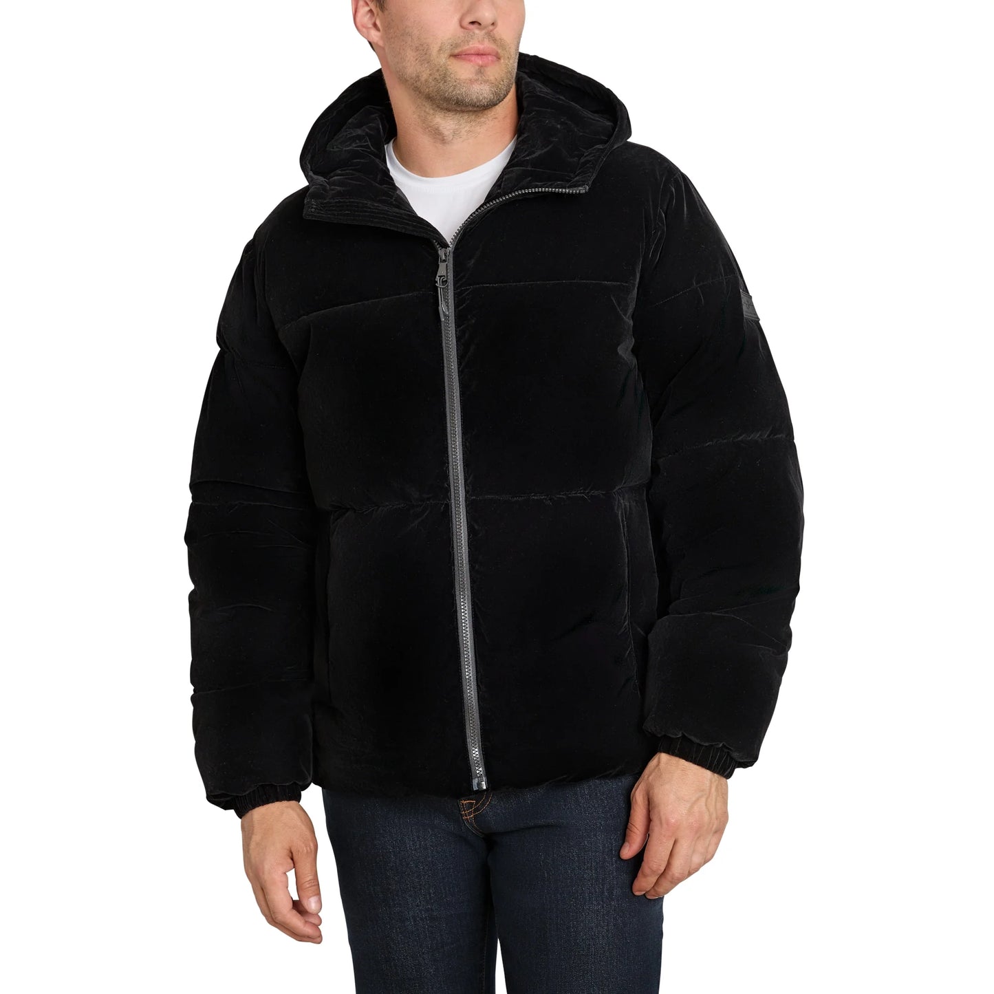 Sean John Men's Velvet Hooded Puffer Jacket - Black (Large) (SJ2189)