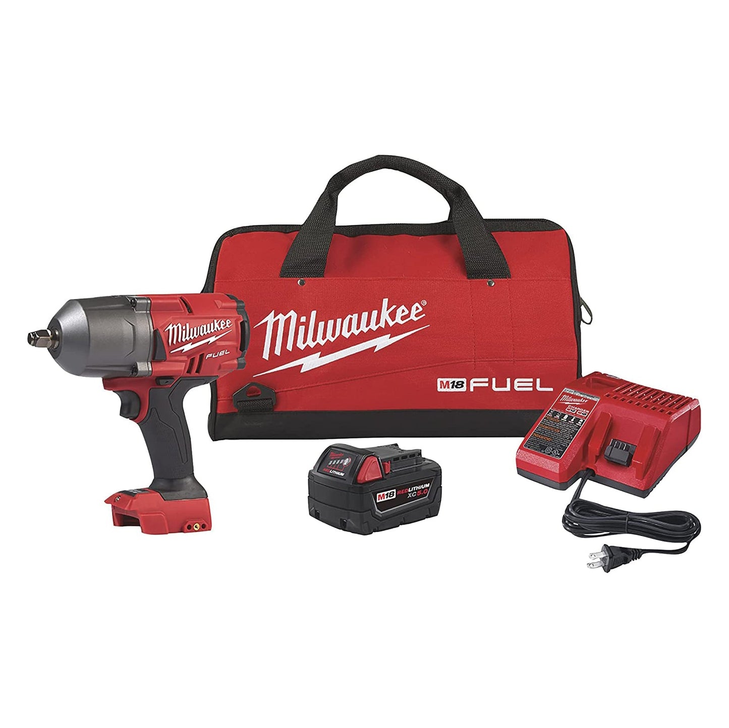 Milwaukee 2767-21B M18 FUEL 18-Volt Lithium-Ion Brushless Cordless 1/2 in. Impact Wrench w/Friction Ring (2767-20) w/One XC5.0 Ah Battery, M18/M12 Multi-Voltage Charger and Contractor Bag - Nyson Retail